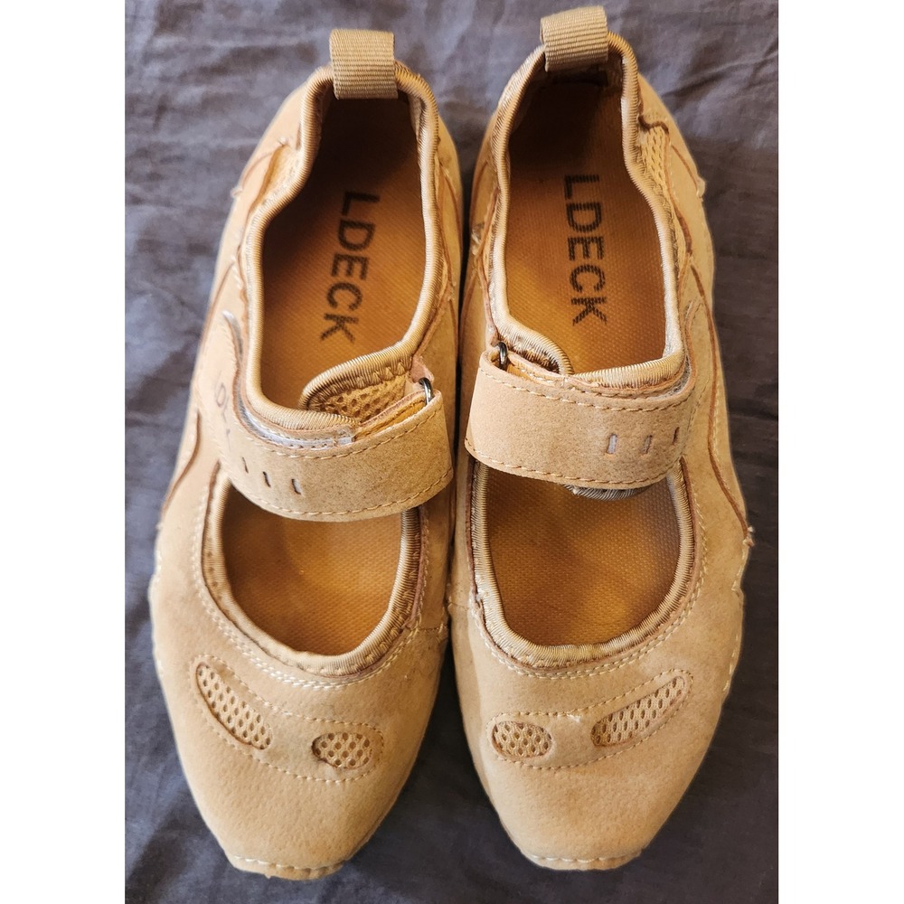 LDECK Womens Tan Mary Jane Sneakers Mesh Walking Flats Hook Loop Strap Size 6.5